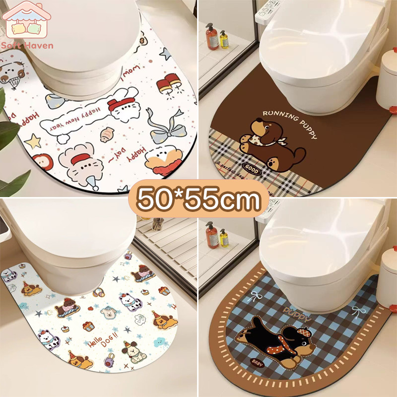 พรมปูพื้นห้องน้ำ พรมชักโครกแบบตัวยู ดินไดอะตอม 50*55CM ดูดซับน้ำ แห้งไว กันลื่น ลายการ์ตูนน่ารักสำหรับห้องน้ำ