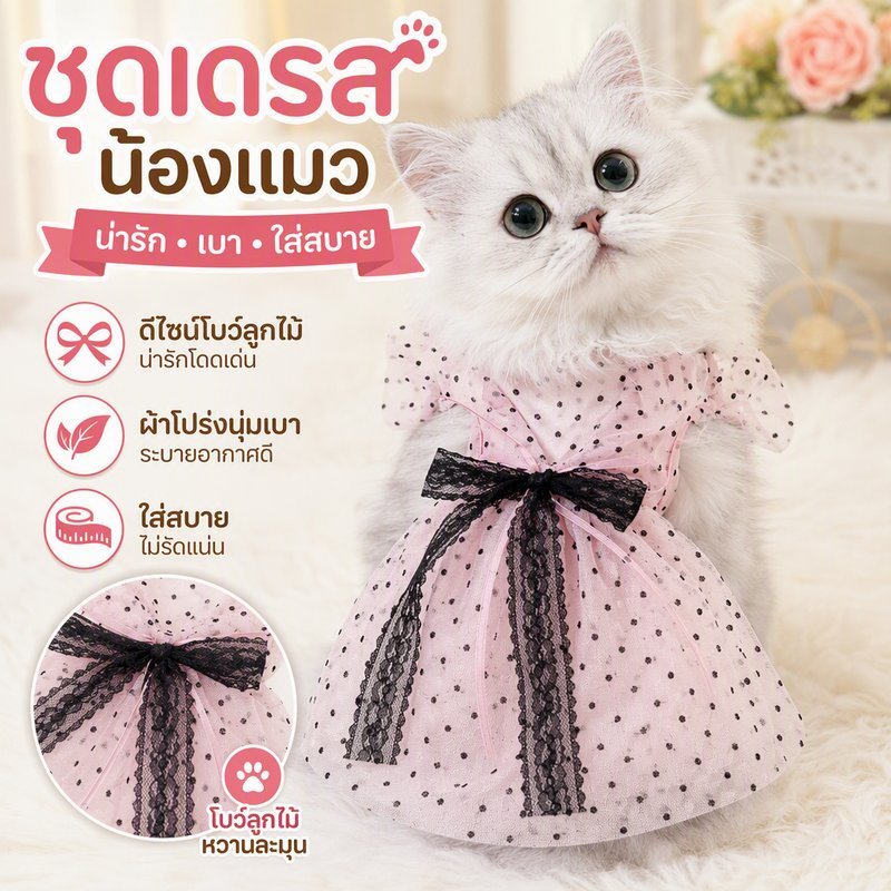 ชุดเดรสสัตว์เลี้ยง เดรสนางฟ้า สไตล์หวานเท่ สีชมพูดำ ลายจุด ลูกไม้ โบว์ เดรสเจ้าหญิง ฤดูร้อน