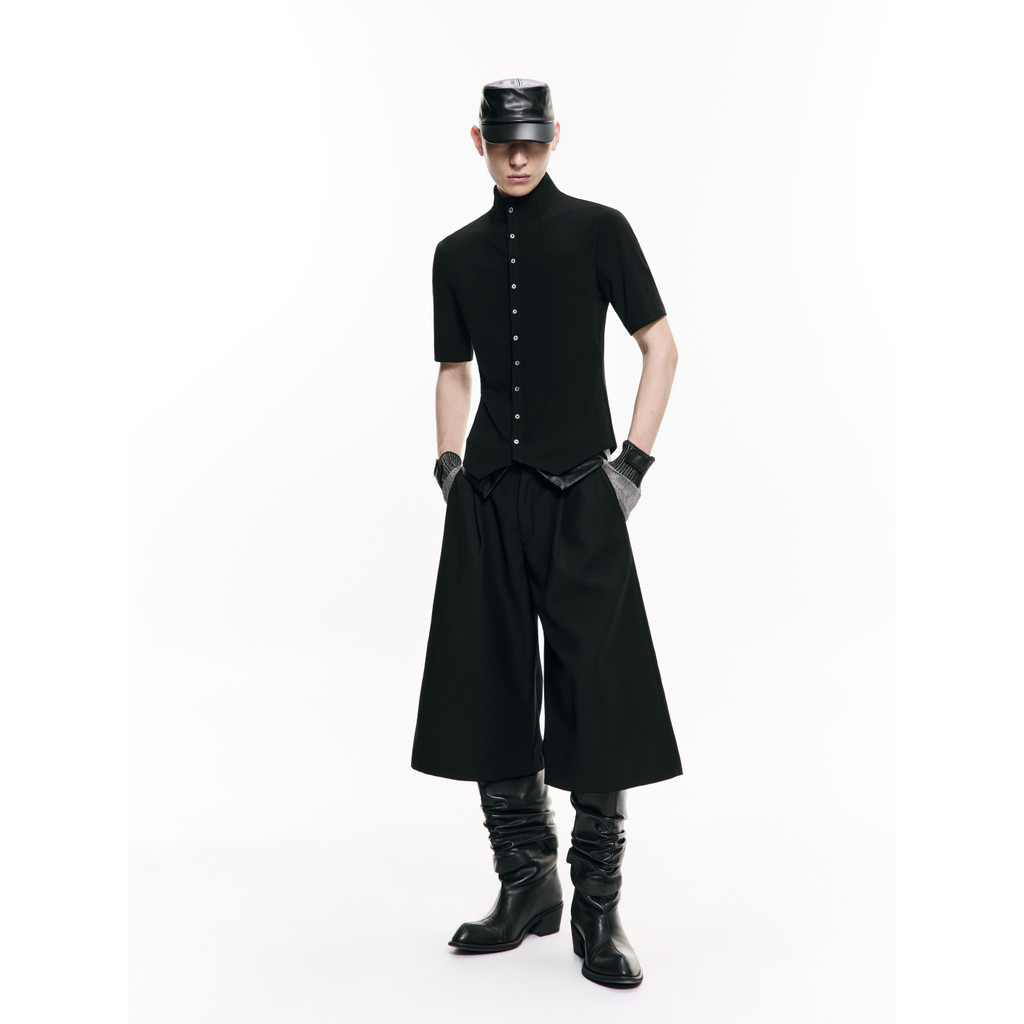 FRKM SCD 26SS เสื้อเชิ้ตผู้ชายแขนสั้นสีดํา Cool Abstinence Slim-fit แคบ-เอวคอปกด้านบน