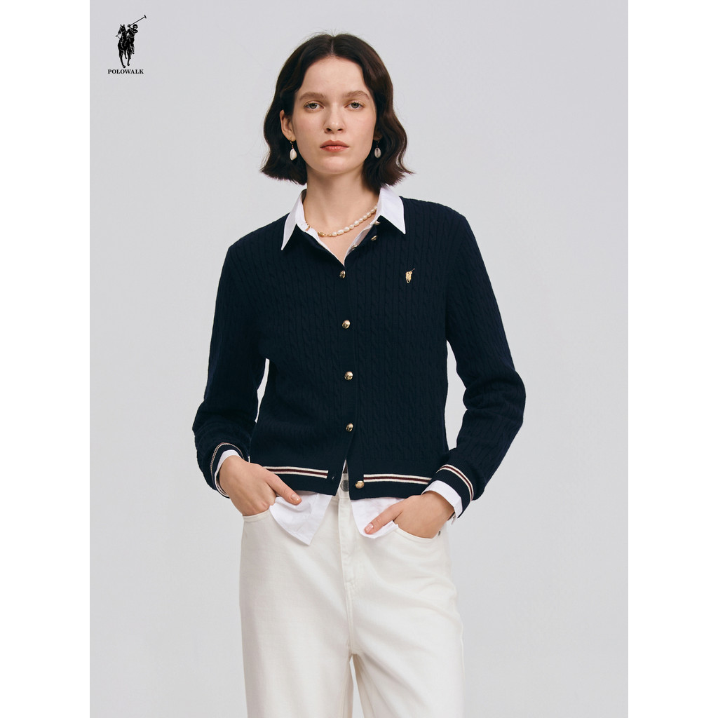 POLOWALK เสื้อกันหนาวผู้หญิงแขนยาว 2026 ใหม่ผู้หญิงรอบคอ Twisted Pattern Top AM8W61580171