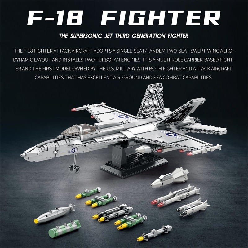 Custom F-18 Air-Force เครื่องบินทหาร Apostrophe เครื่องบินอิฐ Fighter Jet Building Block รุ่นการศึกษ