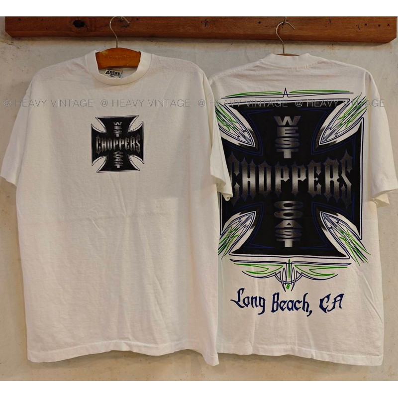 West Coast Choppers Pinstripe Iron Cross Long Beach, CA เสื้อวินเทจ เสื้อทัวร์ heavy vintage shirt