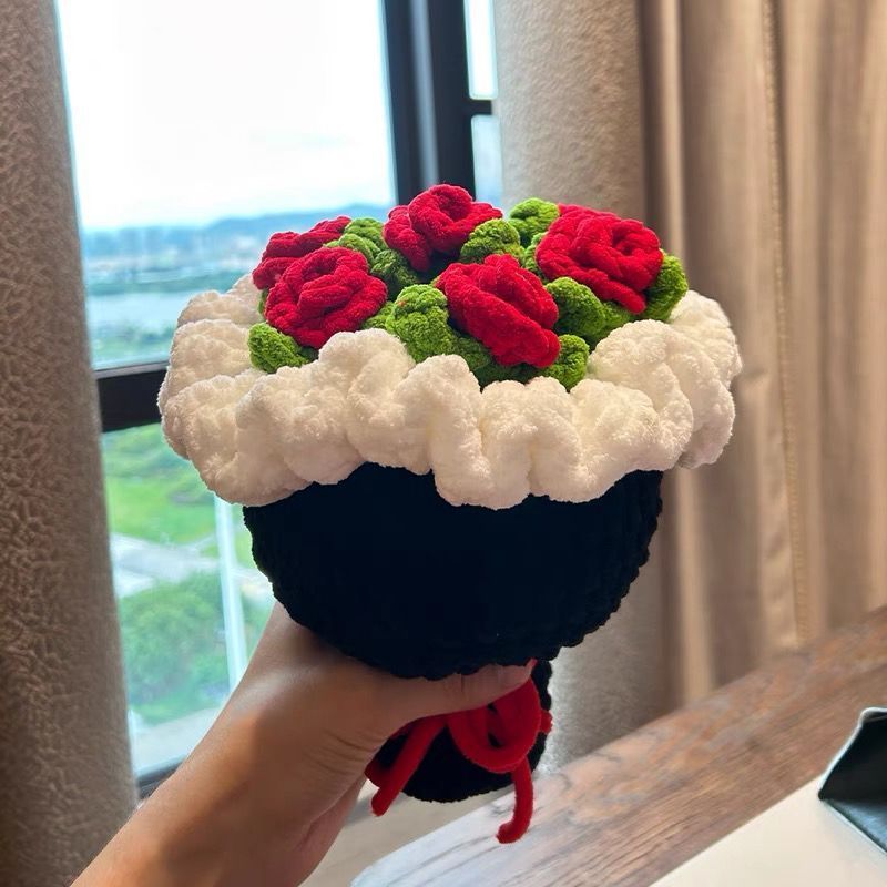 手工DIY编织粗线手捧花束冰条线自制钩针花花女友闺蜜礼物9/3 Handmade DIY Knitting Thick Yarn Bouquet, Ice Yarn Crochet Flowers, 