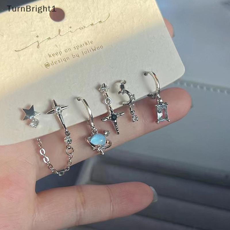[TurnBright] 6 ชิ้นชุด Goth Punk คริสตัล Moon Cross Star จี้ต่างหูสําหรับผู้ชายผู้หญิง Y2K Vintage A