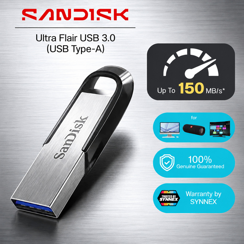 แฟลชไดร์ฟ SanDisk Ultra Flair USB 3.0 ของแท้ 100% ประกัน 5 ปี ความเร็วสูงสุด 150MB/s32GB-1TB ใช้เก็บข้อมูล คัดลอกไฟล์
