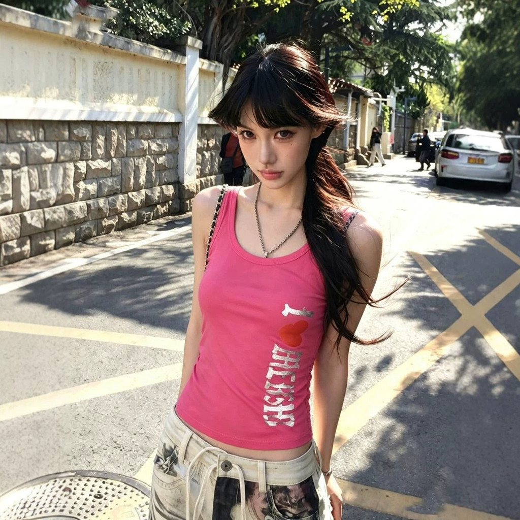 Dopamine y2k Millennium Style Sweet Hot Girl Letter Print Camisole ผู้หญิงฤดูร้อน Slim-fit เสื้อแขนก
