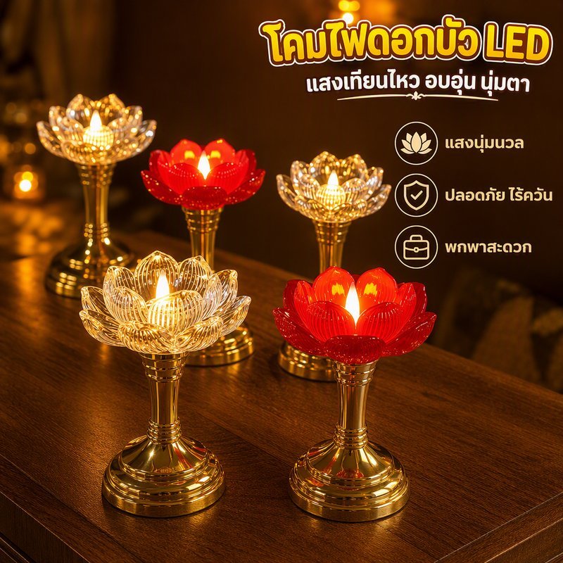 ส่งของได้ โคมไฟดอกบัว LED ไฟตกแต่งบ้าน แสงเทียนไหว โทนอุ่น นุ่มตา ไร้ควัน พกพา ใช้ถ่าน AAA