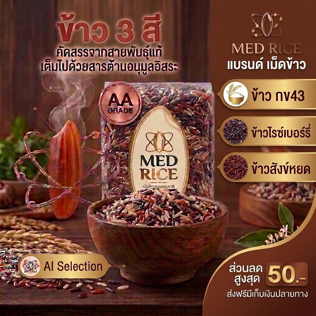 [ส่งฟรี]ข้าว 3 สี MED RICE (ไรซ์เบอร์รี่ สังข์หยด กล้อง กข43) ข้าวเพื่อสุขภาพ ดัชนีน้ำตาลต่ำ คุมน้ำห