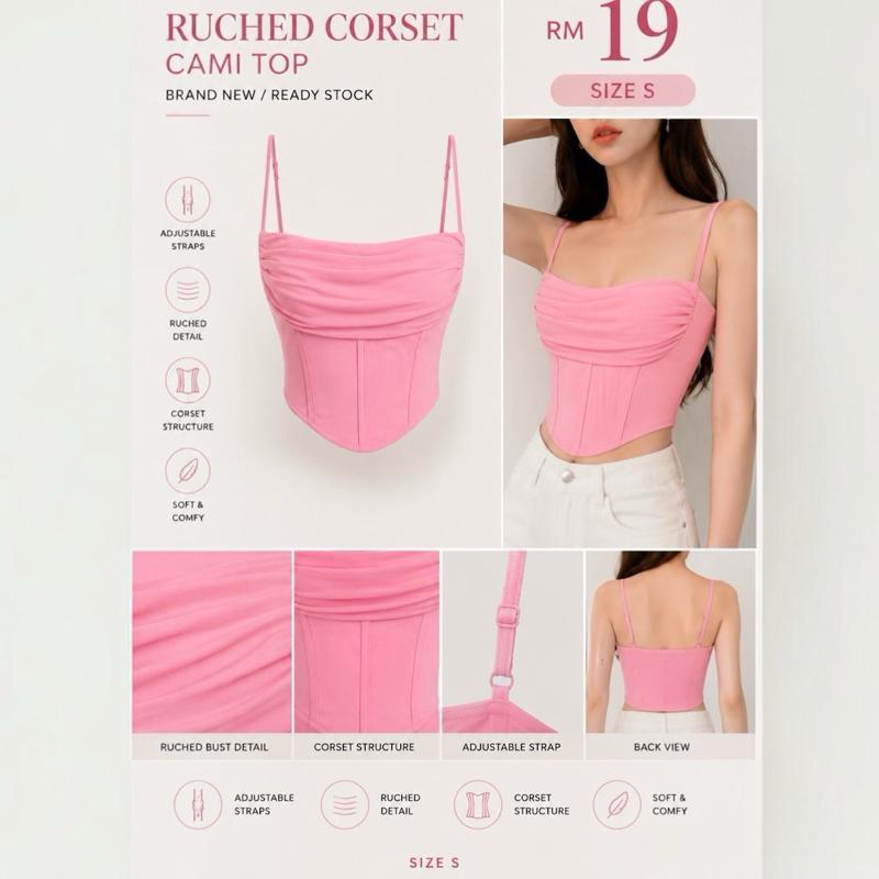 เสื้อสายเดี่ยว Ruched - Saiz S, Tali Boleh Laras, Butirran Ruched,