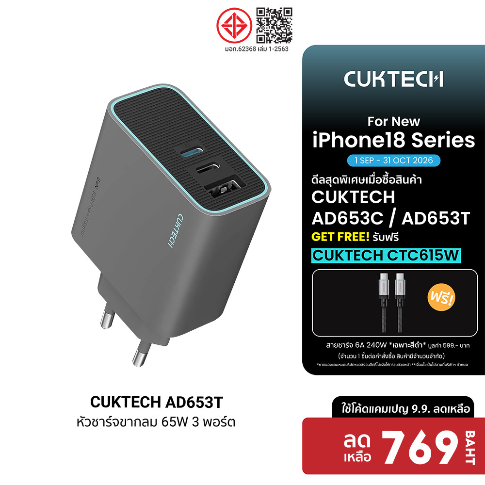 (แถมฟรี CTC615W) CUKTECH GaN3 AD653C / AD653T 65W หัวชาร์จเร็ว รองรับ PD3.0 , QC ชาร์จสูงสุด 3 อุปกร