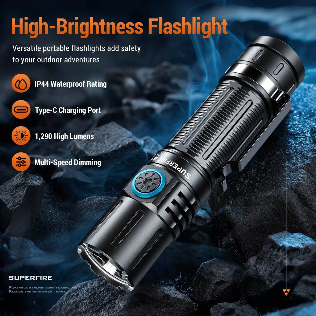 SUPERFIRE A20‑X ไฟฉาย LED แสงสีเหลือง 15W สว่างมาก 1290 ลูเมน กันน้ำ ชาร์จได้ ไฟสปอตไลท์ สำหรับกลางแจ้ง — صورة 2