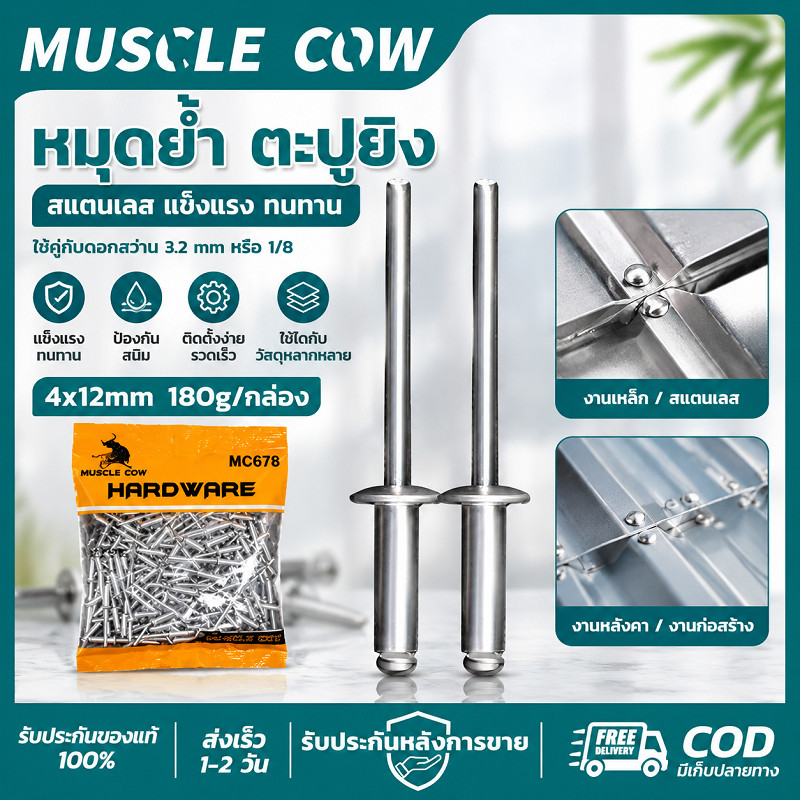 MUSCLE COW หมุดย้ำ ตะปูยิงสแตนเลส 4x12มม 180กรัม/กล่อง แข็งแรง ป้องกันสนิม ติดตั้งง่าย ใช้งานกับโลหะ หลังคา งานก่อสร้าง