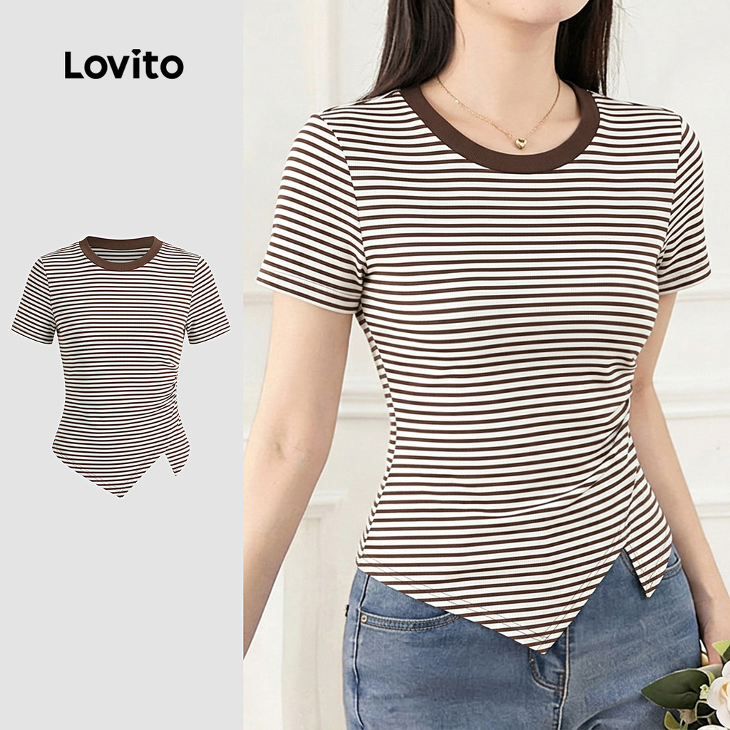 Lovito เสื้อยืดลําลองผู้หญิง สีโมรันดี บราวน์ พิมพ์ลายบล็อกสี สําหรับฤดูใบไม้ผลิ/ฤดูร้อน TSK8P1D642