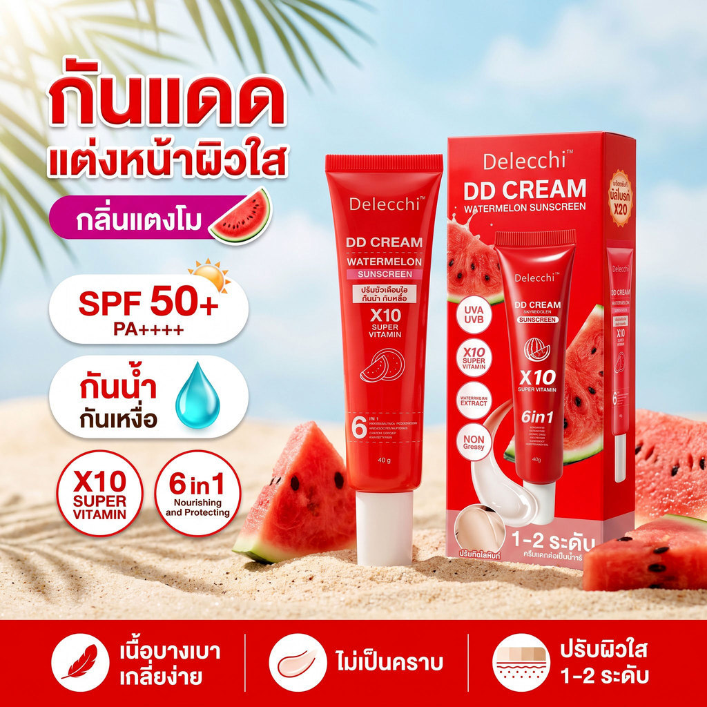 Delecchi  กันแดดแตงโม  แตงโม บีบีครีมกันแดด 6in1 SPF 25+++ สูตรใหม่! เบส รองพื้น กันแดด กันน้ำ สกินแคร์ผิวหน้า  40g