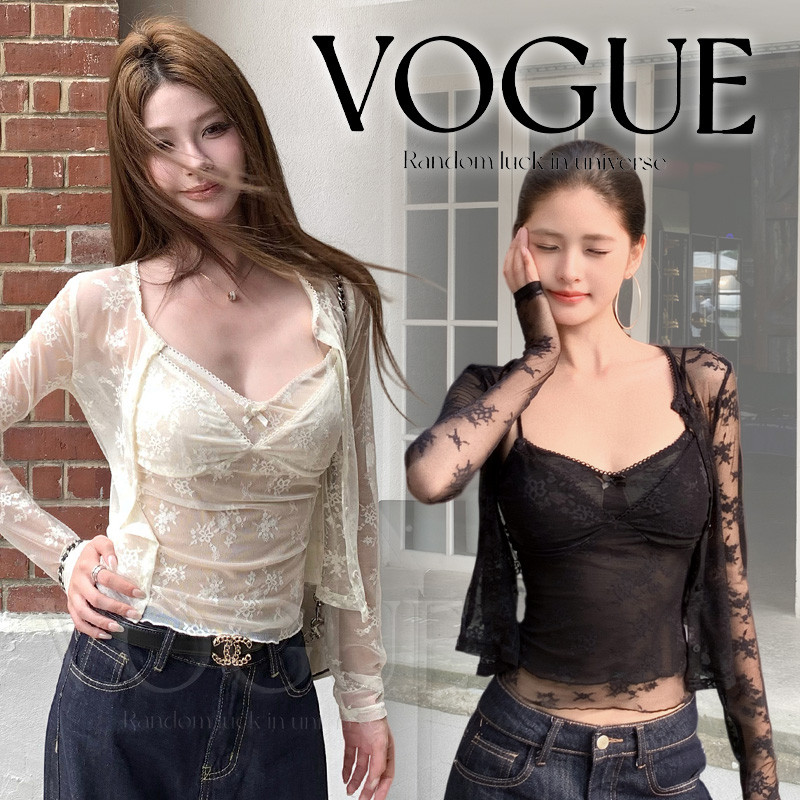 Vogue พร้อมส่ง เซ็ตเสื้อสองชิ้น แขนยาว+สายเดี่ยว ผ้าลายลูกไม้สำหรับผู้หญิง สไตล์เกาหลีทรงสวย (FY3053+FY2962#1)