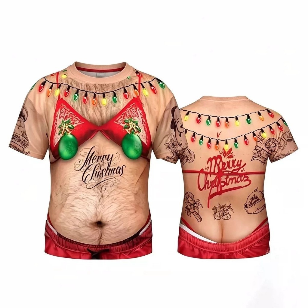 ขายร้อน  Christmas Beer Belly Tattoo 3D พิมพ์เสื้อยืด, ผู้ชาย Prank Y2K Family Matching Tee