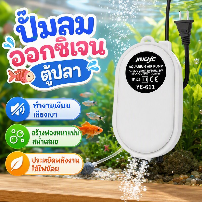 ปั๊มลมตู้ปลา ปั๊มออกซิเจน เสียงเงียบ ประหยัดไฟ มอเตอร์ทองแดง วาล์วปรับลม พร้อมหินอากาศ