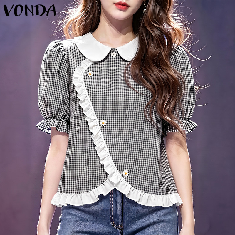 VONDA ผู้หญิง Vintage Girlish Fresh Academy ลายสก๊อต Peter Pan Collar ไม่สม่ําเสมอ Asym Placket ลูกไม้ Trim พัฟแขน Cropped เสื้อ — صورة 4
