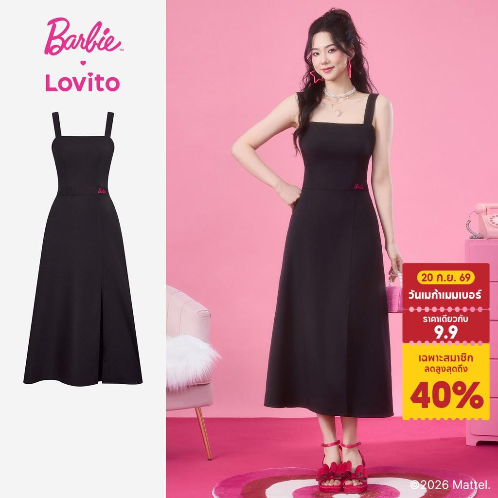 Barbie™ X Lovito เดรสลำลอง เดรสทำงานปักลาย เดรสสีตัดกัน สำหรับฤดูใบไม้ผลิ/ฤดูร้อน สีดำ สำหรับผู้หญิง เกาหลี อินเทรนด์ LB1AD035