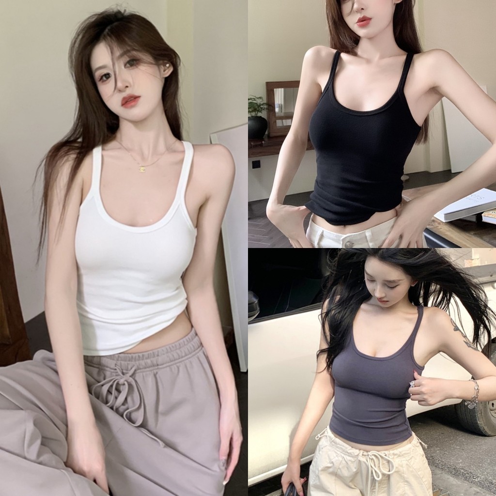 Hotgirl พร้อมส่ง เสื้อกล้าม เสื้อแขนกุดผู้หญิง ผ้ายืดแฟชั่น สีทึบคอยู สายเดี่ยวน่ารัก รุ่นใหม่ล่าสุด เซ็กซี่ สไตล์เกาหลี