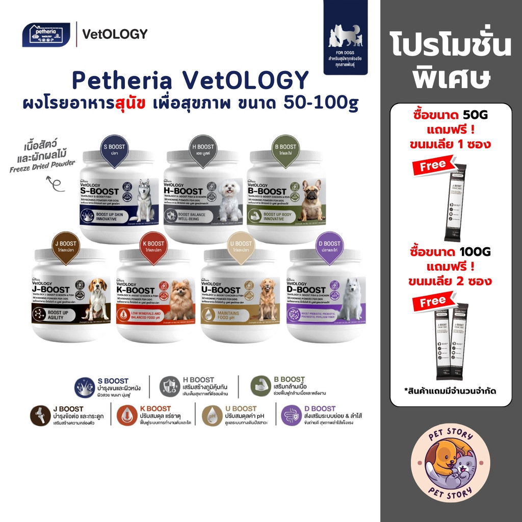 Petheria Vetology ผงโรยอาหารสุนัข เพื่อสุขภาพ ขนาด 50-100 กรัม