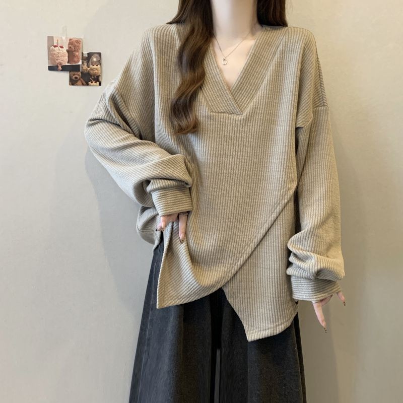 40-100 กก.ขนาดใหญ่ Textured Sense Pit Strip Cross Design แขนยาวผู้หญิง 2025 ฤดูใบไม้ผลิฤดูใบไม้ร่วงหลวม Slimmer ดู Bottoming เสื้อไขมัน pulssize สาวเสื้อยืด