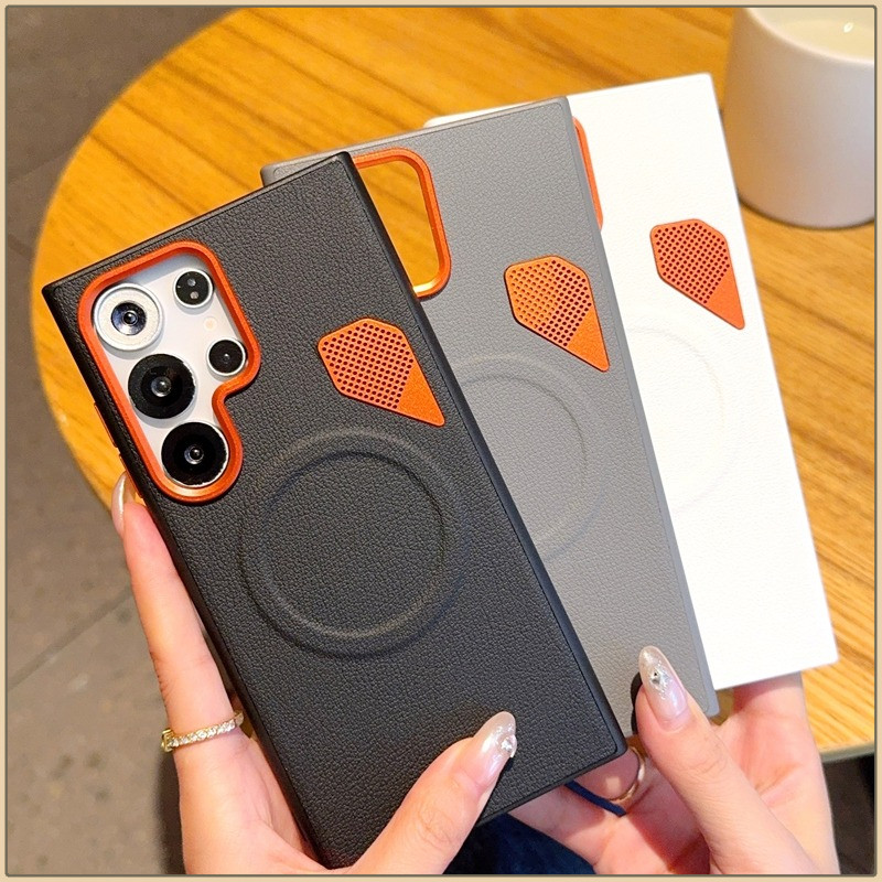 SAMSUNG เคสโทรศัพท์แม่เหล็กกระจายความร้อนสําหรับSamsung S25 S24 Ultra/Plus S25 edgeเลนส์โลหะธรรมดาหนังAnti drop Case Sensitiveปุ่มอิสระฝาครอบป้องกัน