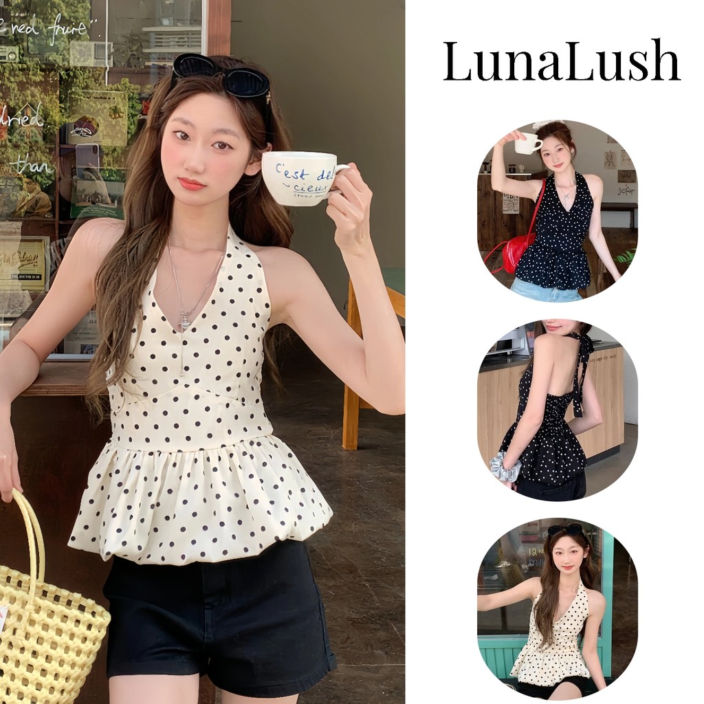 LunaLush✨เสื้อคุณภาพดี พร้อมส่งเสื้อลายจุดคล้องคอ คล้องคอ เว้าหลัง ลายน่ารักสีขาวดำใส่สบายมาก"8K186"