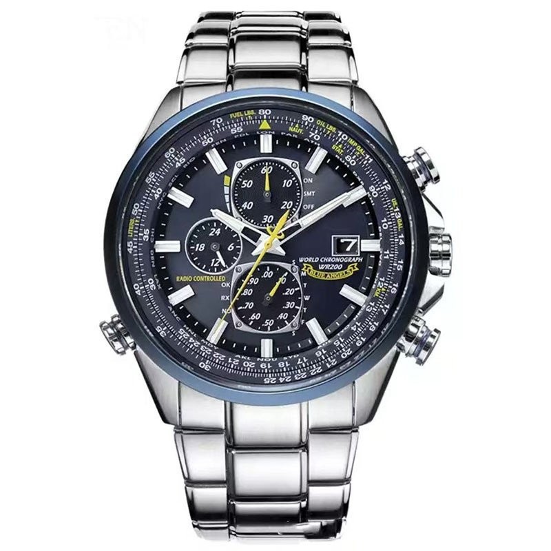 ขายร้อน High-End นาฬิกาผู้ชาย Blue Angel หกมือ Chronograph สายเหล็กเข็มขัดผู้ชายนาฬิกาควอตซ์ 63EM
