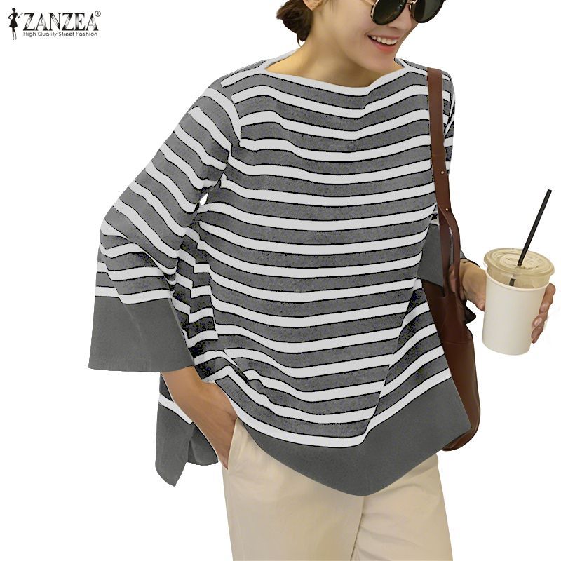 ZANZEA ใส่ ซานเซีย ผู้หญิงเกาหลีลําลอง3/4แขนลายถักกับผ่าข้างเสื้อยืดที่เรียบง่าย