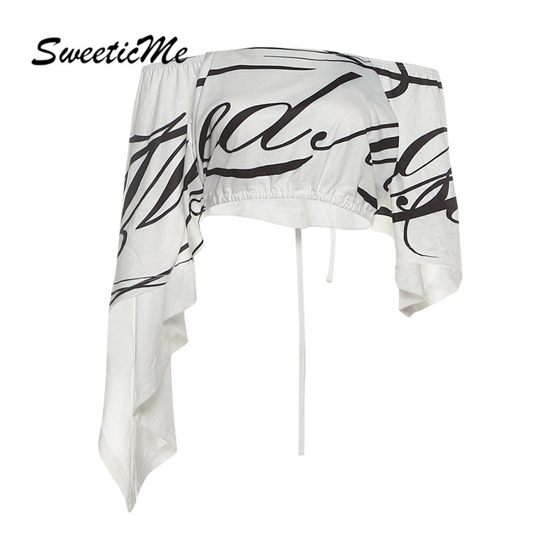 SweeticMe Womens Tops 2025 ใหม่แฟชั่นไม่สม่ําเสมอเซ็กซี่ปิดไหล่ Lacing เสื้อยืด