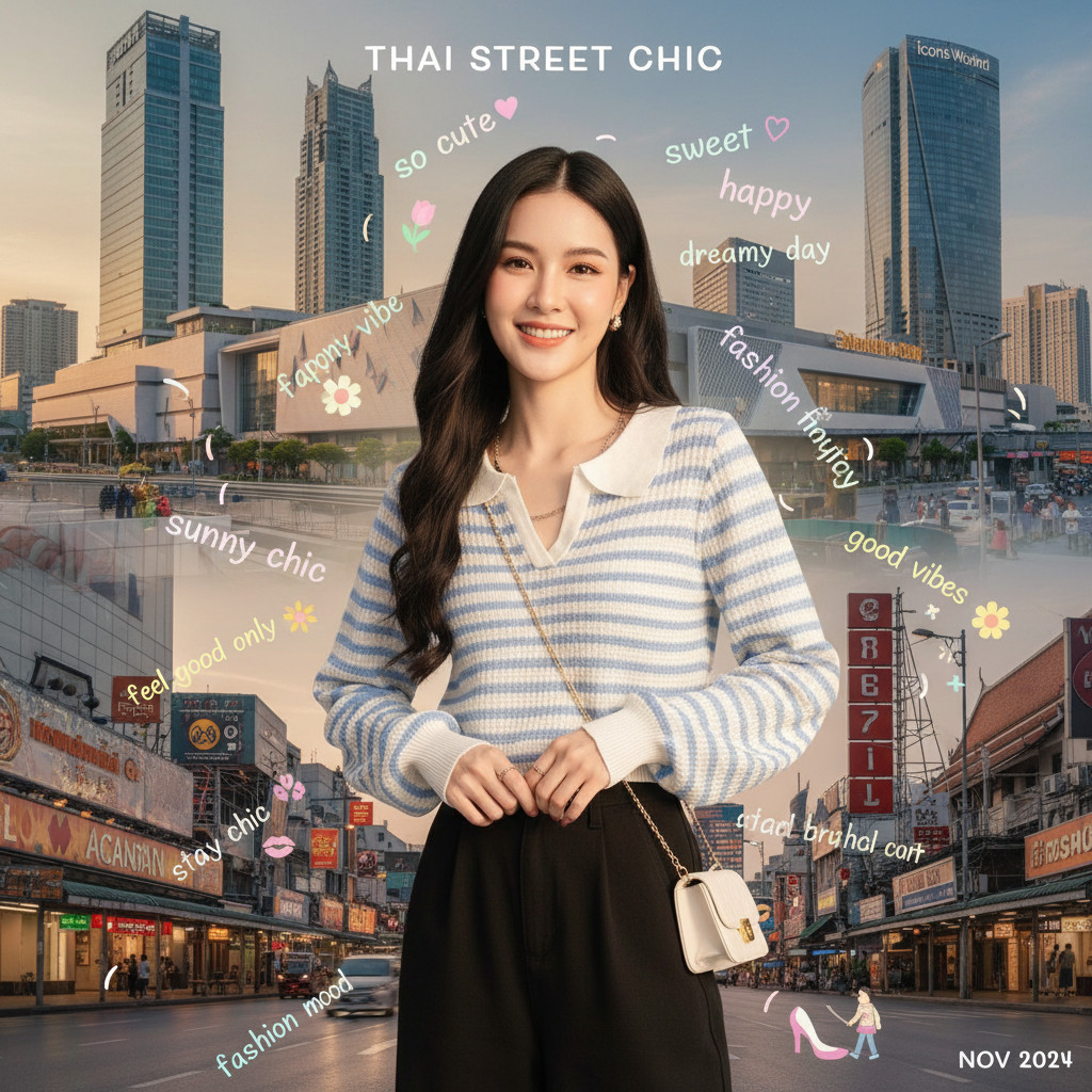 ꕥCatalog Fashionꕥ เสื้อสเวตเตอร์แขนยาว คอปก ไหมพรมถักลายริ้ว 7 สี