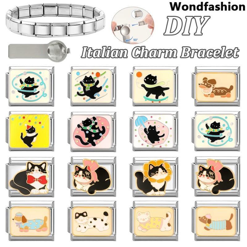 สร้อยข้อมือสแตนเลสแบบเรโทร Dachshund และ Black Cat Italian Charm ขนาด 9 มม.