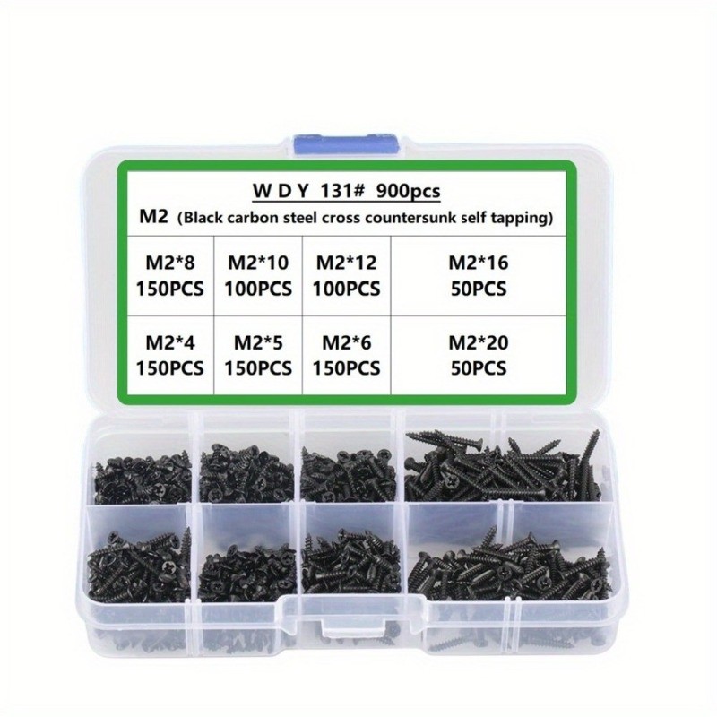 M2 900 ชิ้นสีดํา/นิกเกิลชุบ Phillips Self Tapping สกรูชุดครบชุดล็อคและสกรูไม้คุณภาพสูง Anti Loosenin