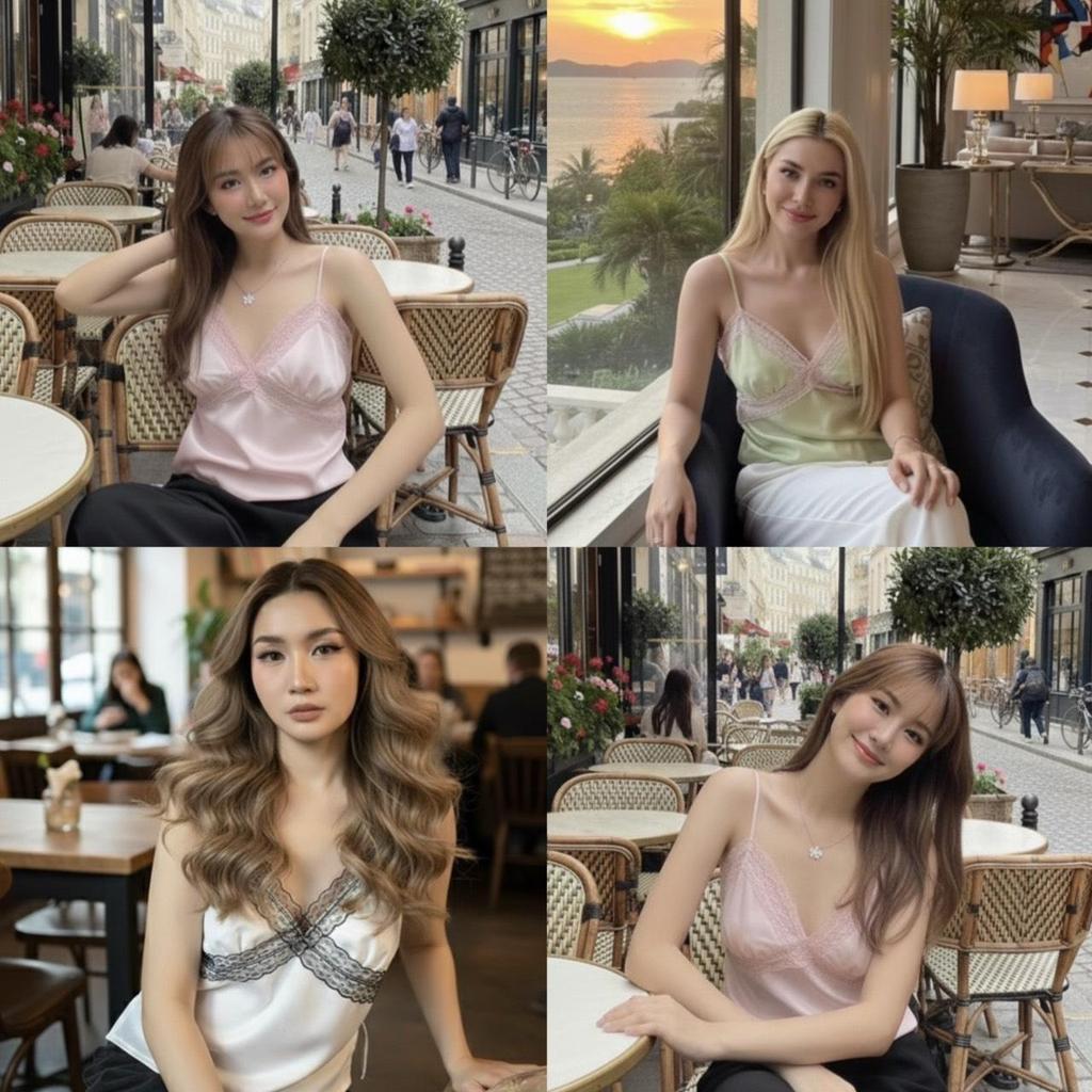 Olivia cami เสื้อสายเดี่ยว ผ้าซาติน เย็บลูกไม้ไขว้หน้าอก สายปรับได้ ยางยืดด้านหลัง KN.Clothes