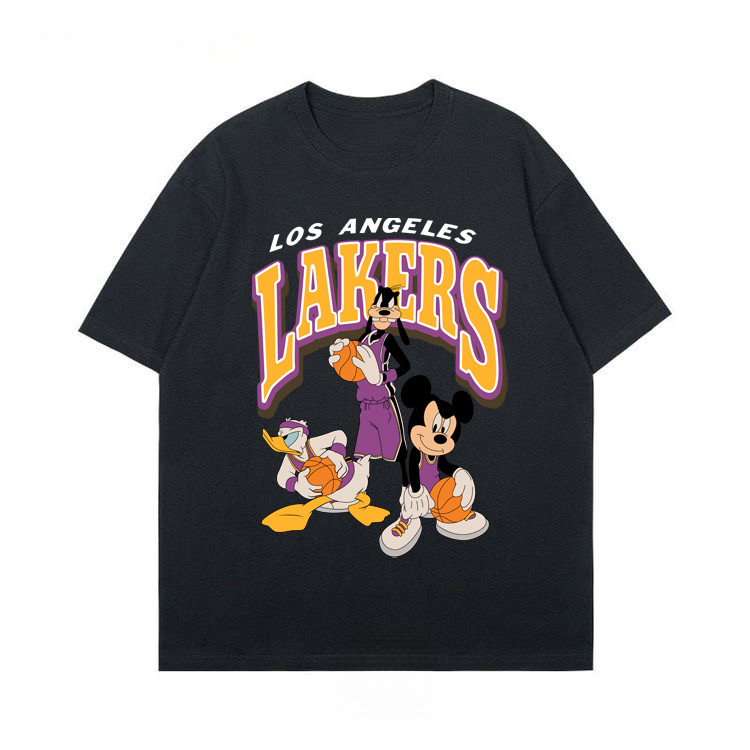 Baju NBA Lakers X การ์ตูน Mikei Gofi Donal เสื้อยืดผ้าฝ้าย 100% แขนสั้น Unisex Casual Cool