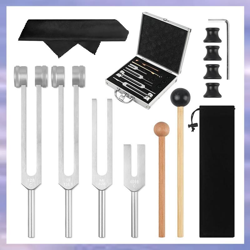 ชุดส้อมปรับแต่ง 4 ชิ้น-128Hz, 136.1Hz, 528Hz, 4096Hz-Chakra สําหรับ Healing, Sound Therapy, Stress R