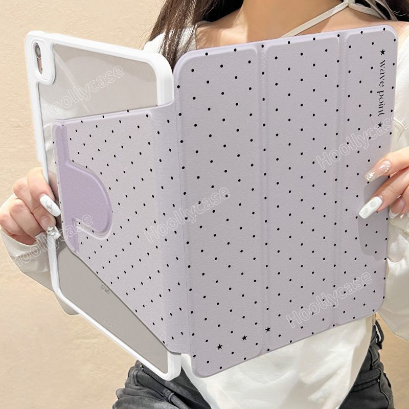 เคสไอแพด A16 Gen11 Air 7 M3 2025 Pro 11 2024 Air 6 5 4 10.9 Gen10 Gen9 Gen8 Gen7 10.2 กรณี คลื่นสีม่วงจุด พร้อมดินสอ 720° การหมุน
