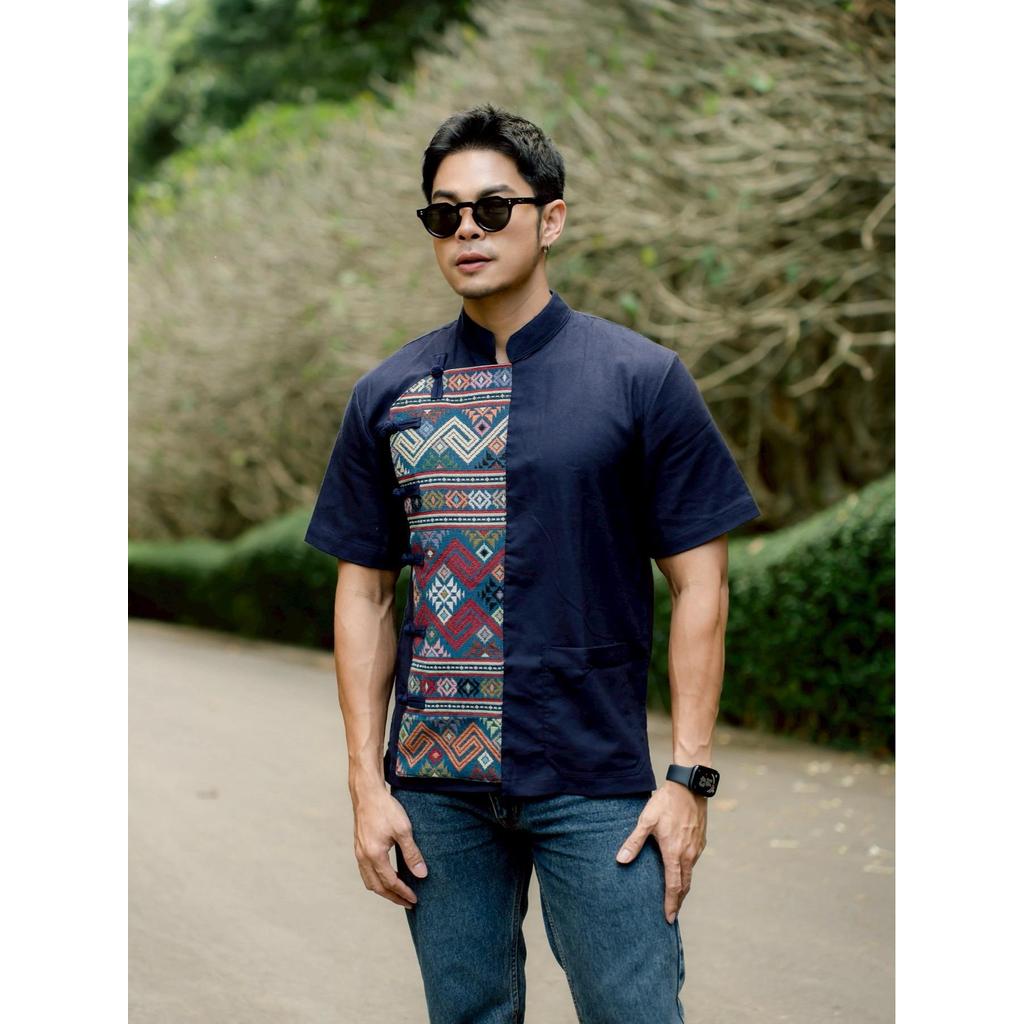 ผ้าไทย เสื้อผ้าแฟชั่น ผ้าฝ้ายฟอกนุ่มสีกรมทรงไทลื้อประดับผ้าทอลายผ้าปักแบบประยุกต์ no.35กรมทอลายประยุกต์