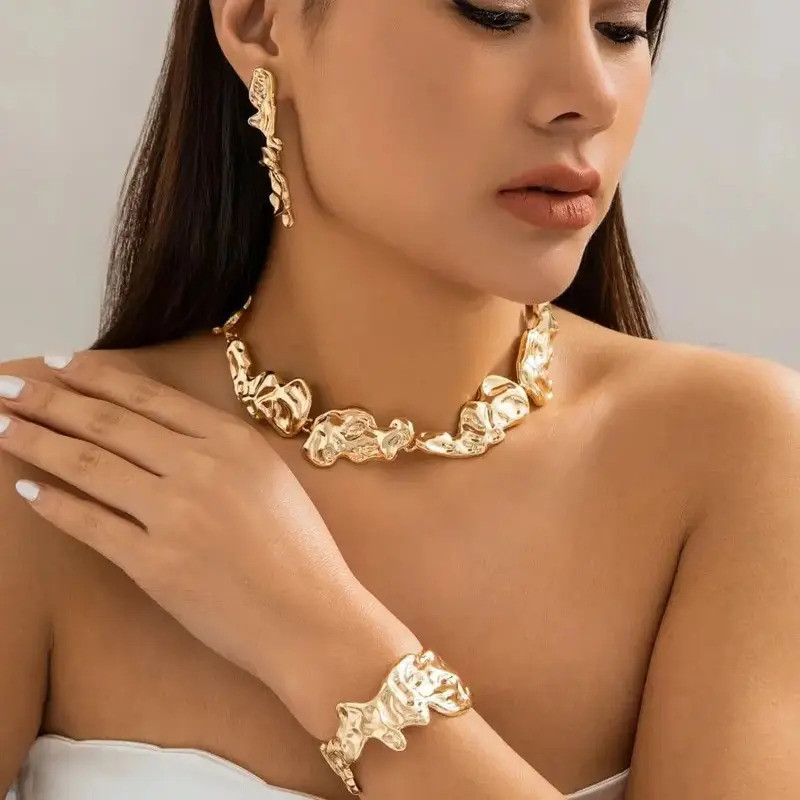 Unique Creative Irregular Big Heavy Metal Chain Necklace for Women Punk Adjustable Bracelet Earring 