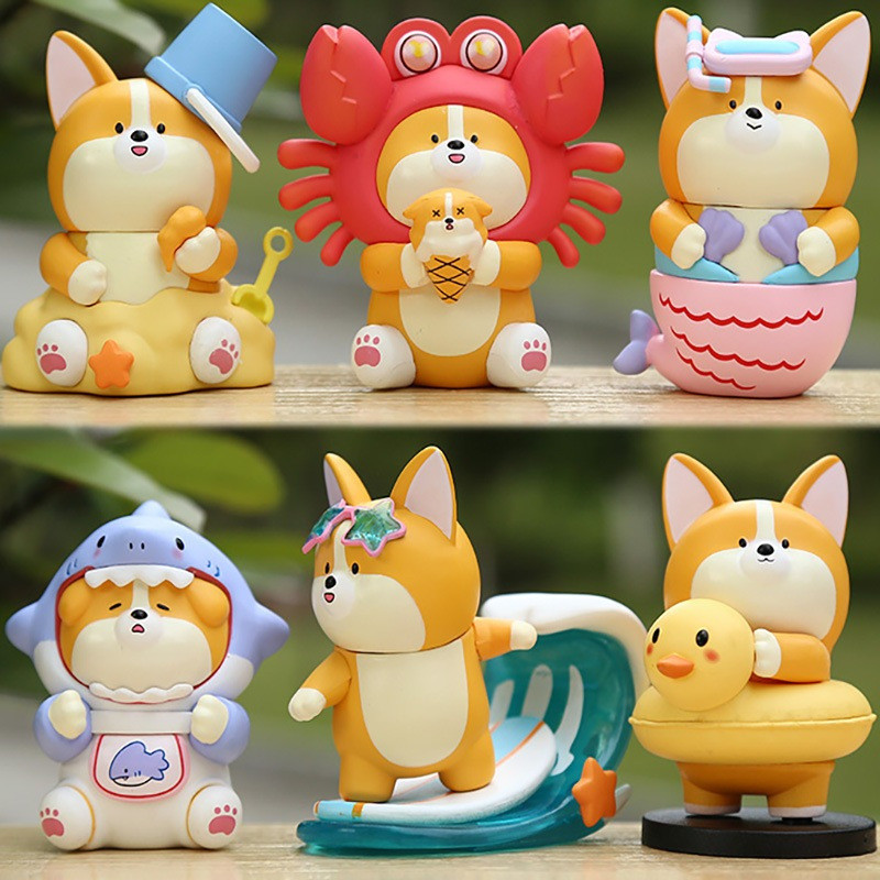6 ชิ้น/เซ็ต 7-8 ซม.น่ารัก Welsh Corgi Pembroke คอสเพลย์ Sea Creature Corgi ท่องสุนัข Crab Whale รุ่น