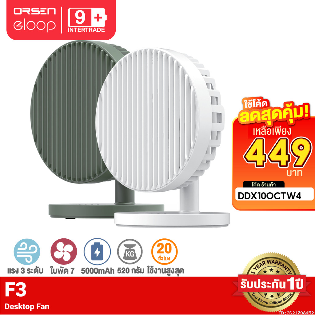 [449บ.โค้ดคุ้ม] Orsen by Eloop F3 พัดลมพกพา พัดลมไร้สาย ใช้นาน 20 ชม.ชาร์จแบตได้ พัดลม USB Portable 