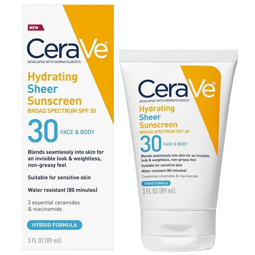 CeraVe Hydrating Sheer Sunscreen with SPF 30 for Face and Body, Mineral & Chemical Sunscreen for Men