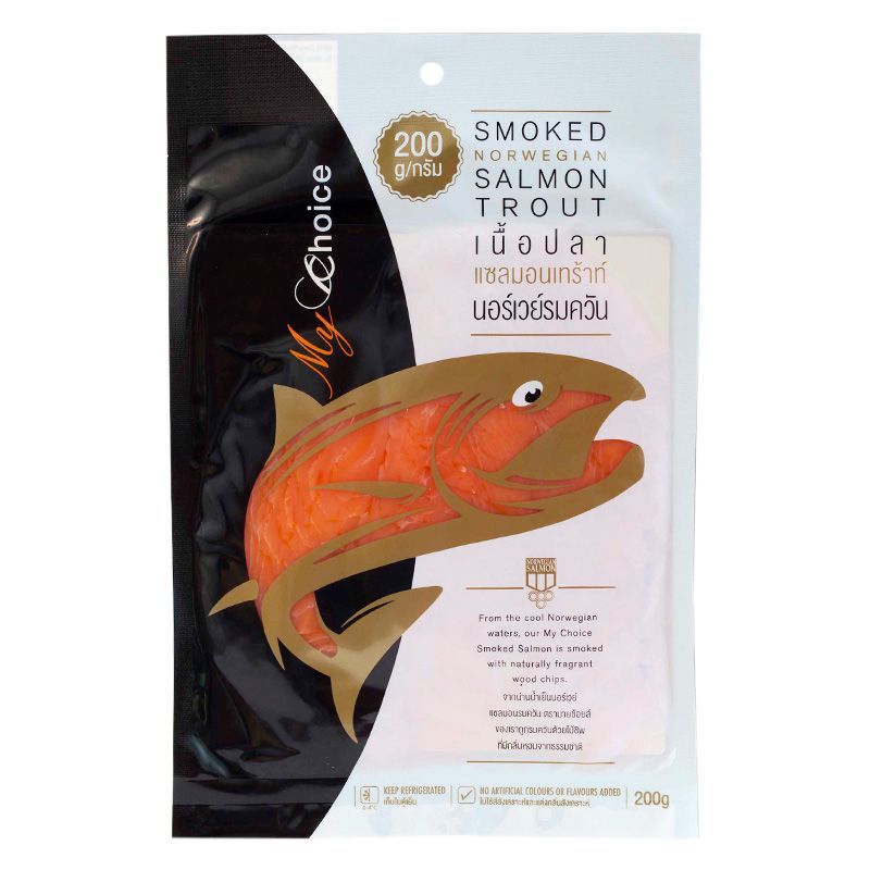 มายช้อยส์เนื้อปลาแซลมอนเทร้านอร์เวย์รมควัน 200ก My Choice Smoked Norwegian Salmon Trout 200g. [8853474053209 ]