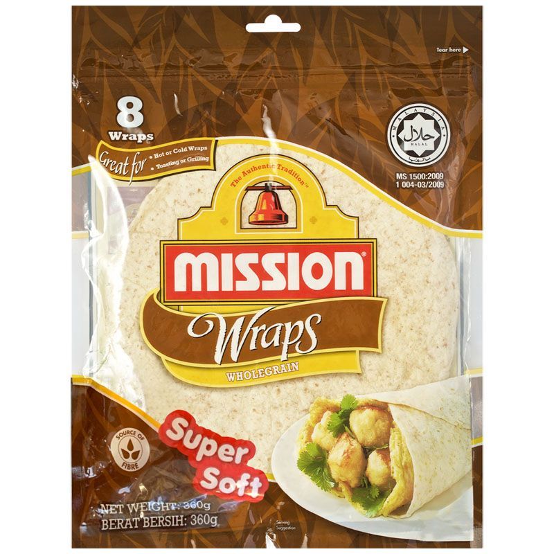 มิชชั่นแผ่นแป้งสาลีสำเร็จรูปผสมธัญพืช 360กรัม Mission Wraps Wholegrain 360g. [หมายเลขบาร์โค้ด 9555615900012 ]