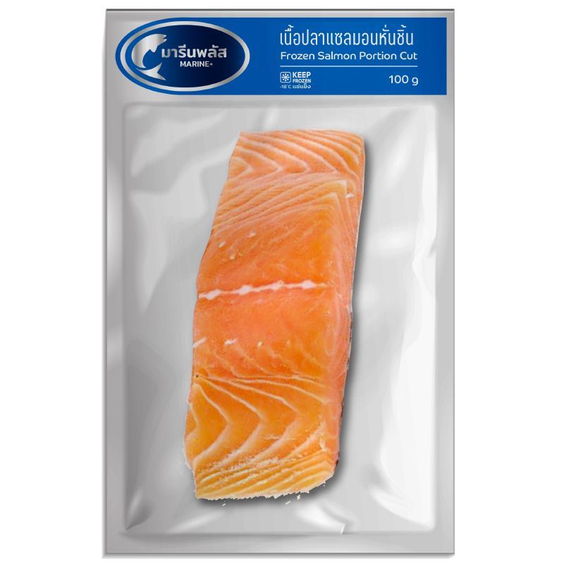มารีนพลัสเนื้อปลาแซลมอนหั่นชิ้นแช่แข็ง 100ก Marine Plus Frozen Salmon Portion Cut 100g [หมายเลขบาร์โค้ด 8853474094035 ]