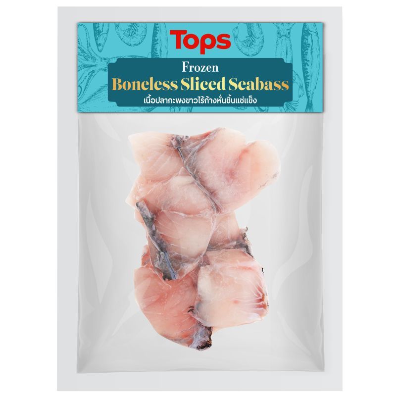 ท็อปส์เนื้อปลากะพงขาวไร้ก้างหั่นชิ้นแช่แข็ง 250ก Tops Frozen Boneless Sliced Seabass 250g [8853474065653 ]