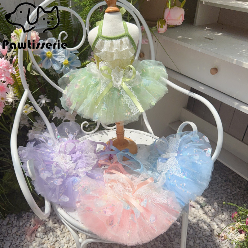 4 สี Iridescent เลื่อมสัตว์เลี้ยง Tutu Dress | ลูกไม้โบว์เชือกแขวนคอสุนัขขนาดเล็กแมวเจ้าหญิงเสื้อผ้า