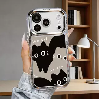 เคสไอโฟน ป้องกันเลนส์ ลายแมวดำสองตัวน่ารัก มีขาตั้ง สายคล้องชมพู iPhone11 13 15 17ProMax พร้อมส่งJHJMNYK73