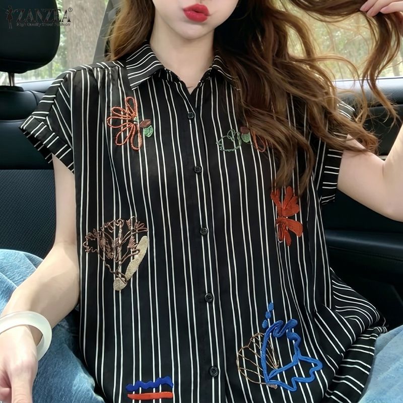 ZANZEA ผู้หญิงเกาหลี Streetwear อินเทรนด์ปกแขนสั้นพิมพ์กราฟิกปุ่มด้านบนเสื้อลาย — صورة 4